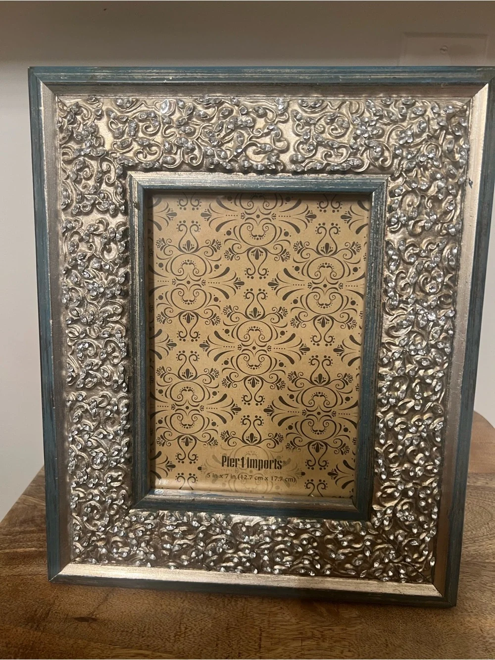 Pier 1 Silver and Teal Embossed Ornate with rhinestones Picture Frame